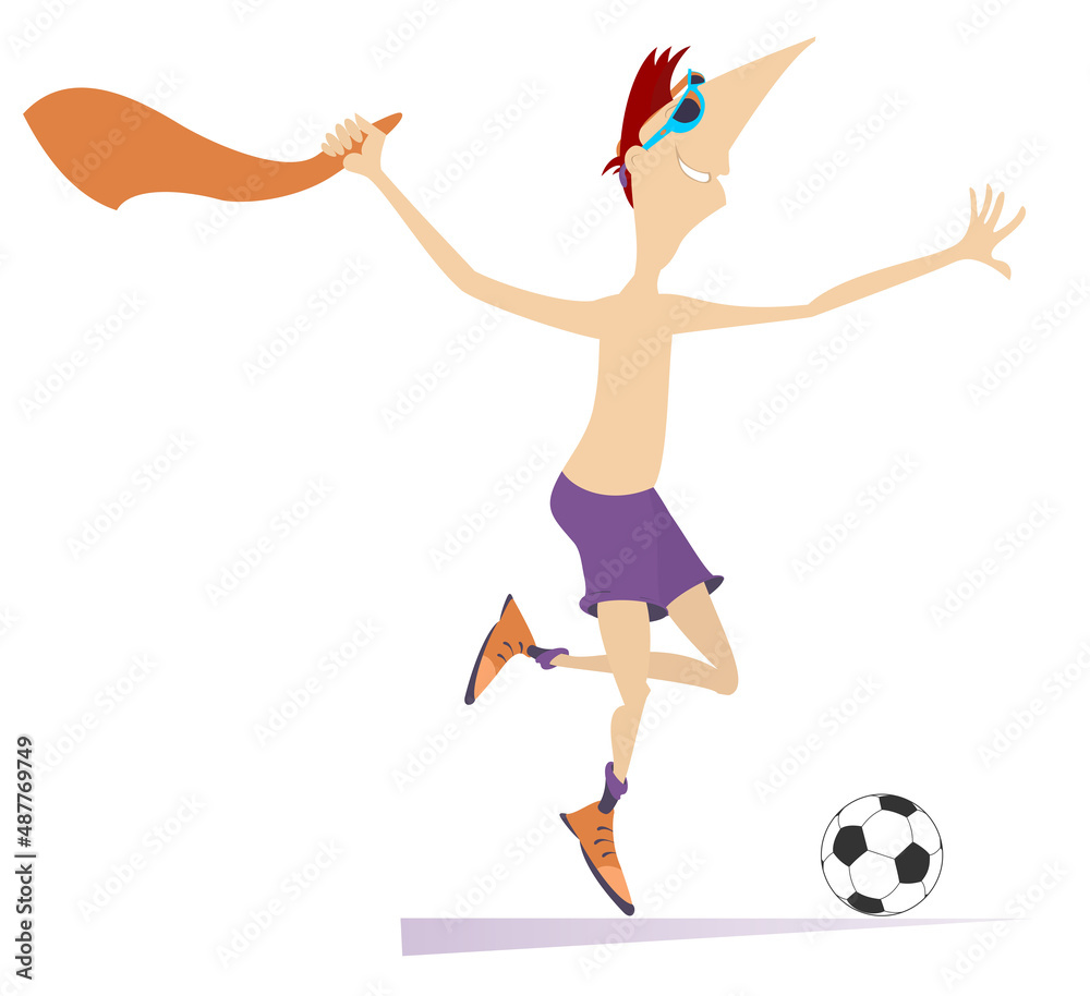 Smiling young man playing football isolated illustration. Cartoon running football player is taking off the football shirt and rejoicing a goal or the win in the match isolated on white Smiling young man playing football isolated illustration. Cartoon running football player is taking off the football shirt and rejoicing a goal or the win in the match isolated on white