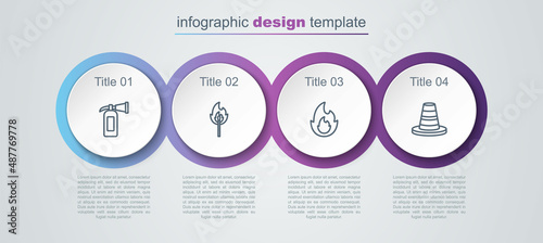 Set line Fire extinguisher, Burning match with fire, flame and Traffic cone. Business infographic template. Vector