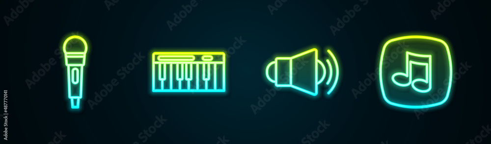 Set line Microphone, Music synthesizer, Megaphone and note, tone. Glowing neon icon. Vector Set line Microphone, Music synthesizer, Megaphone and note, tone. Glowing neon icon. Vector
