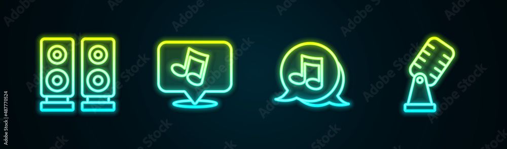 Set line Stereo speaker, Music note, tone, and Microphone. Glowing neon icon. Vector Set line Stereo speaker, Music note, tone, and Microphone. Glowing neon icon. Vector
