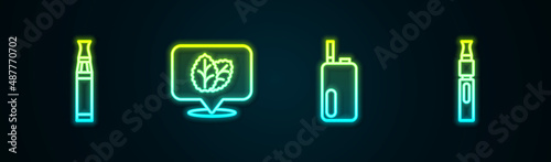 Set line Electronic cigarette, Tobacco leaf, and . Glowing neon icon. Vector