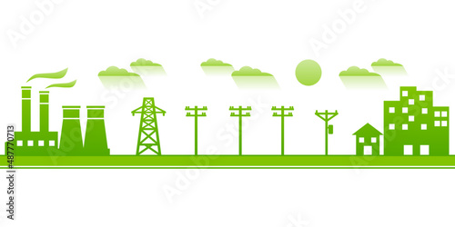 Power plant generates electricity to transmit electricity to electric poles and city home concept green ecology friendly on white background flat vector design.