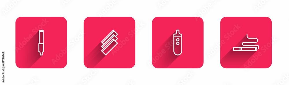 Obraz premium Set line Cigarette, rolling papers, Electronic cigarette and with long shadow. Red square button. Vector