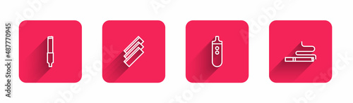 Set line Cigarette, rolling papers, Electronic cigarette and with long shadow. Red square button. Vector