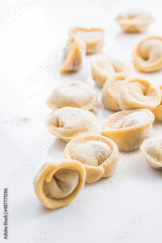 Raw fresh dumplings   or italian tortellini pasta  isolated on white background