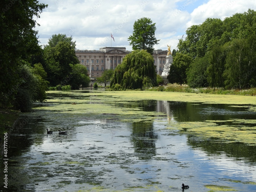 View of the lake, trees and palace