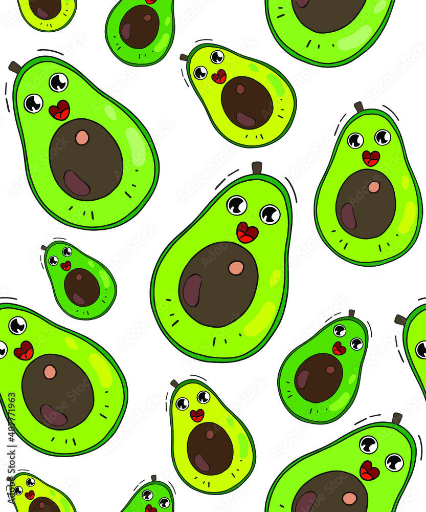 Obraz premium Vector pattern from a set with vegetables. Avocado, hot chili pepper, carrots, finocchio and mushrooms with broccoli. Suitable for printing on fabric, T-shirts and wallpaper.