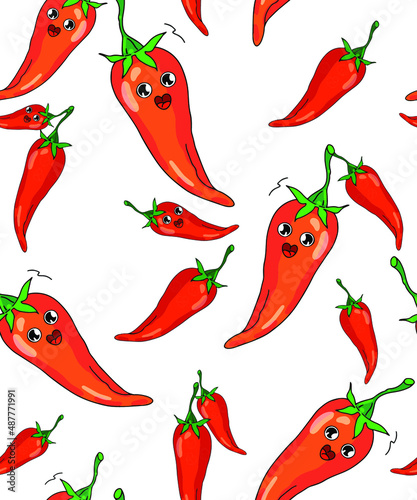 Vector pattern from a set with vegetables. Avocado, hot chili pepper, carrots, finocchio and mushrooms with broccoli. Suitable for printing on fabric, T-shirts and wallpaper.