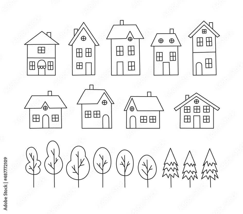 Various small tiny houses and trees. Hand-drawn small townhouses set. Line art. Theme of a small town, urban design, friendly city environment. Various small tiny houses and trees. Hand-drawn small townhouses set. Line art. Theme of a small town, urban design, friendly city environment.