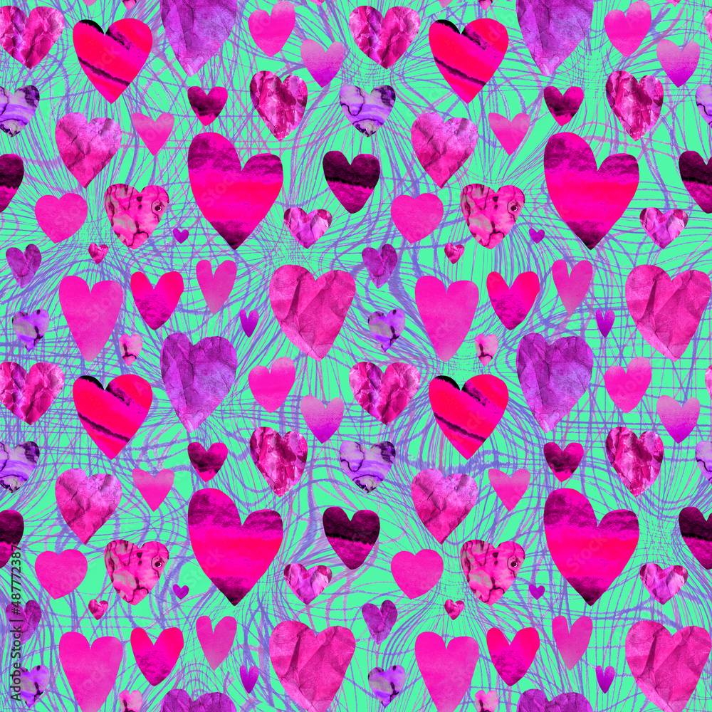 Seamless pattern of beautiful pink hearts. Festive vivid background for Valentine's Day. Illustration.