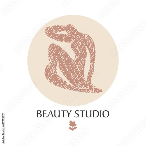 Female body doodles in a white circle. Vector abstract icon for design of beauty studio, cosmetics, salon, perfumery, spa, yoga.