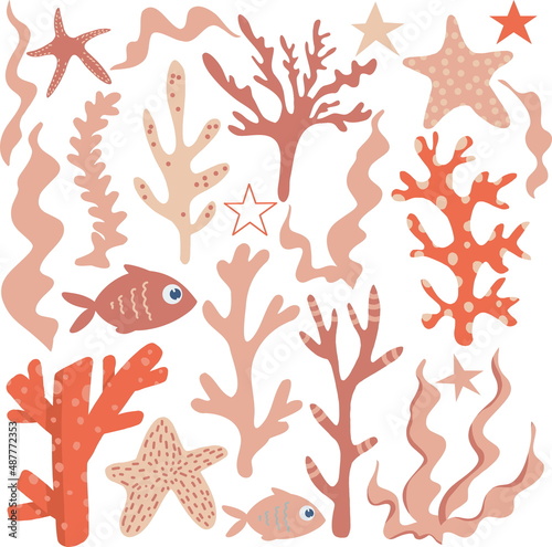 Under the sea vector set with cute orange seaweeds and little stars, fish.  Underwater set, cartoon characters. Perfect for scrapbooking, cards, poster, stickers