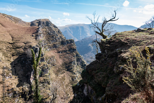 Picos rochosos com uma árvore sem folhas no alto da montanha de Artzamendi em Itxassou no País Basco photo