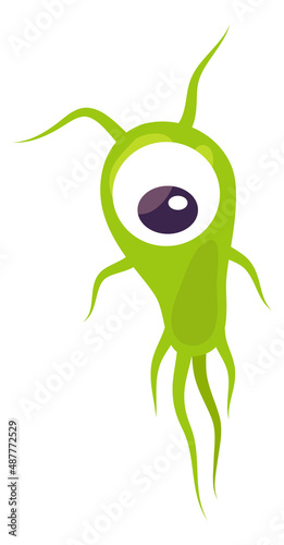 Green microbe. One eye monster in funny cartoon style