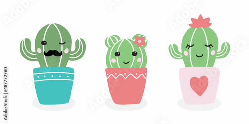 Cute vector illustration of cactus family. Doodle isolated cartoon cacti on the white background