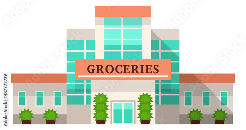 Groceries store facade. Big city buiding front