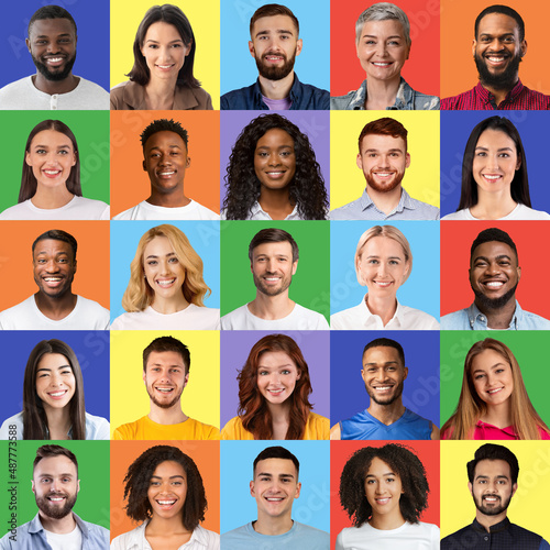 Human portraits mosaic with diverse happy men and women on colorful studio backgrounds