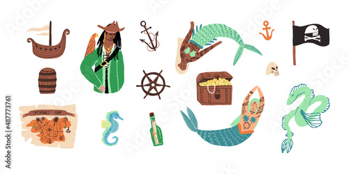 A Pirate and mermaids set. An Adventure map, a old ship, a pirate flag, a trunk box with treasure, a skull, sea monster.
