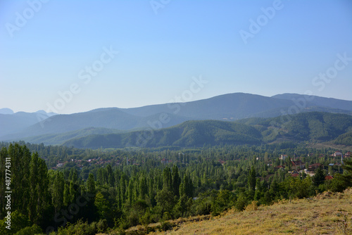 mountain range with forest line on blue sky background, Turkey © Irina