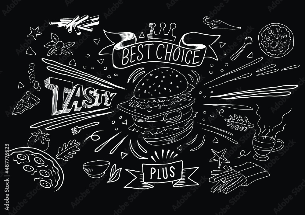 Fototapeta premium Fast food doodle icon set
