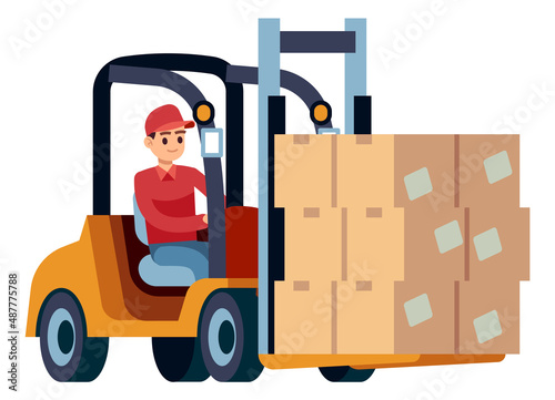 Man working on forklift. Cardboard box transportation icon