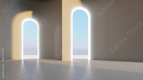 Interior background light arched openings in empty room 3d rendering