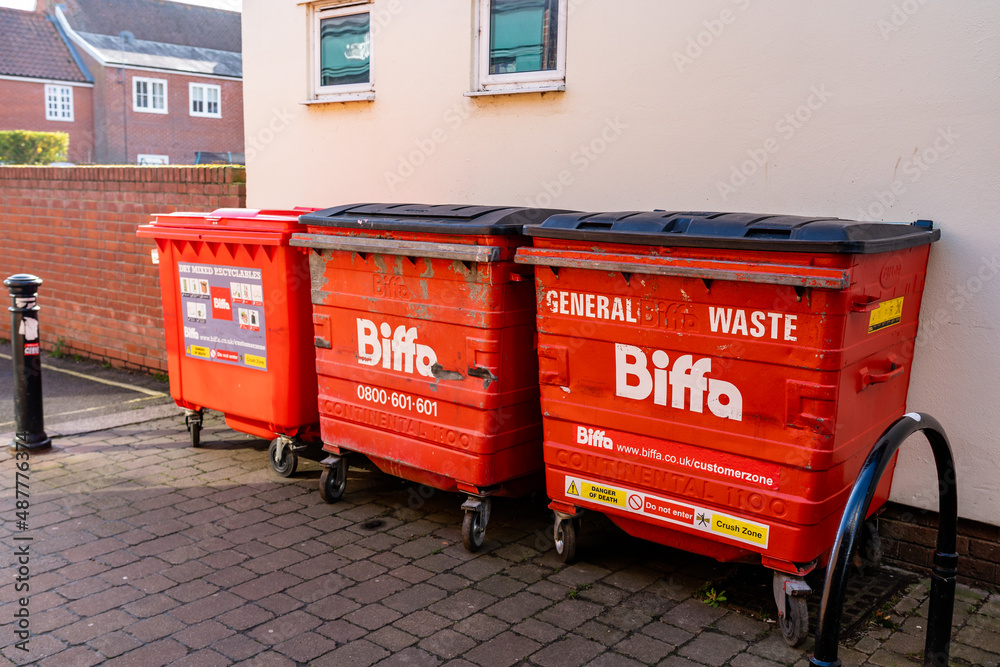 Woodbridge Suffolk UK February 16 2022 3 large red Biffa bins sitting
