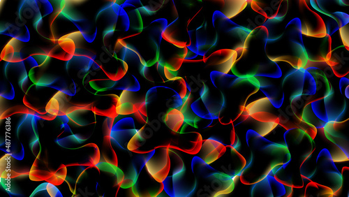 Abstract multicolored background of overlapping transparent amorphous figures with neon illumination on a black background. Vector illustration.