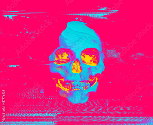 Pixel sorting glitch art of colorful psychedelic front side skull from 3D rendering on corrupted graphics and color glitched background.