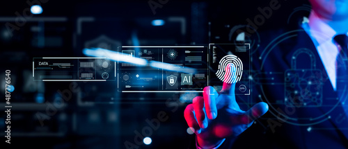 business man Fingerprint scanning and biometric authentication, cybersecurity and fingerprint password, future technology and cybernetics. photo