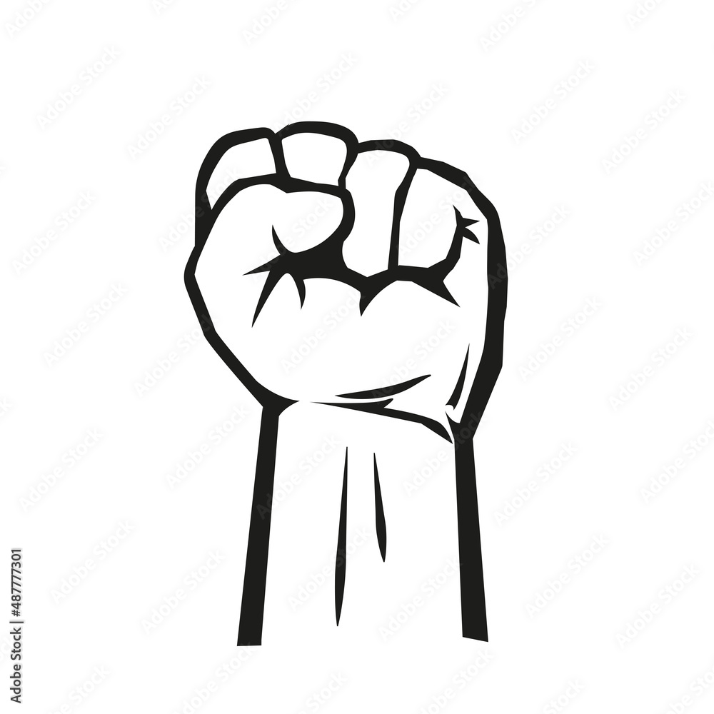 Raised fist vector illustration. Logo or print isolated on white