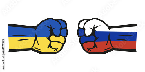 Conflict between Russia and Ukraine. Fists with national flags. Vector illustration isolated on white