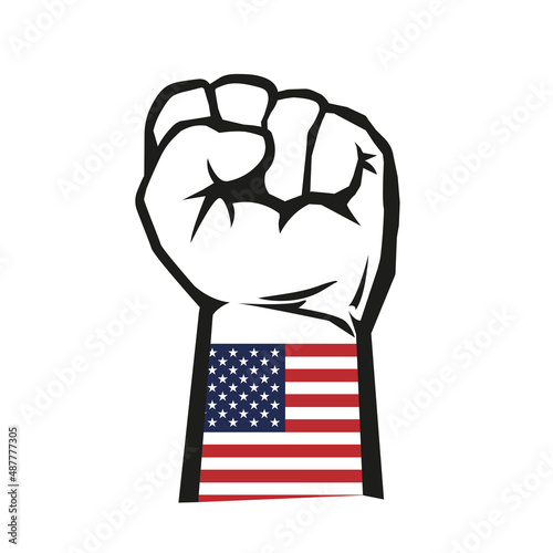 Raised fist and USA flag. Vector sign isolated on white. Social issues concept