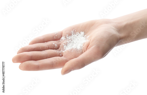 Woman with dusting powder on white background, closeup
