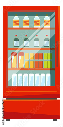 Drink showcase. Red store fridge with glass doors
