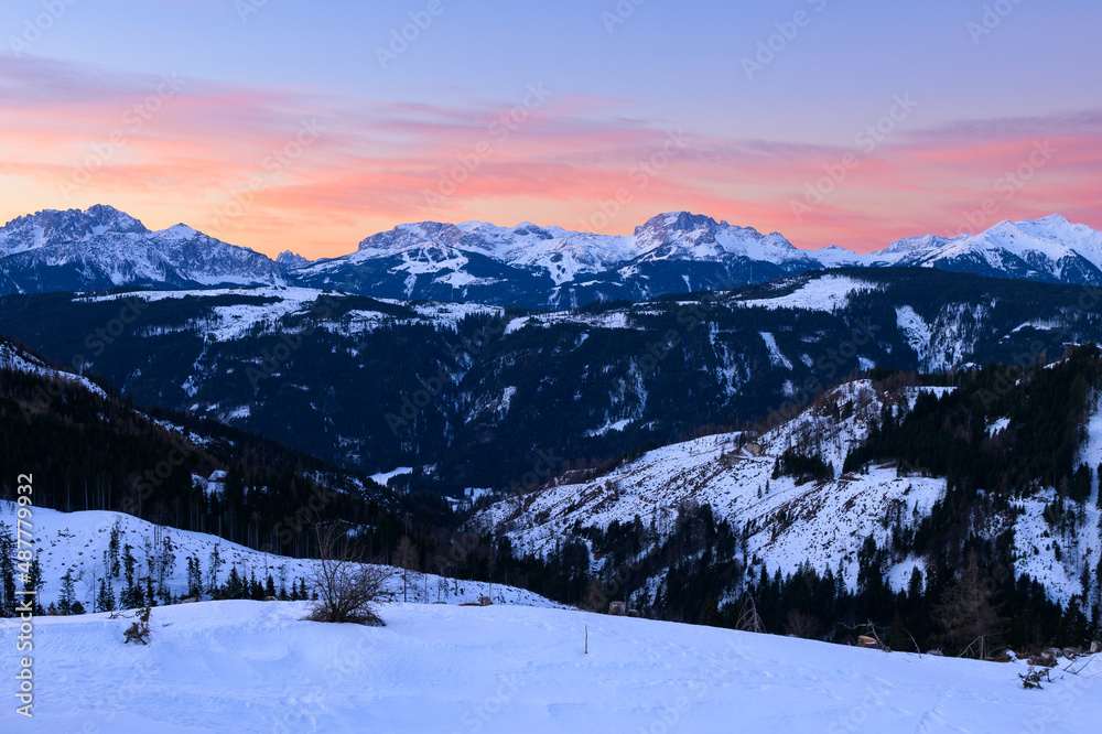 Sunrise in the Austrian alps in winter