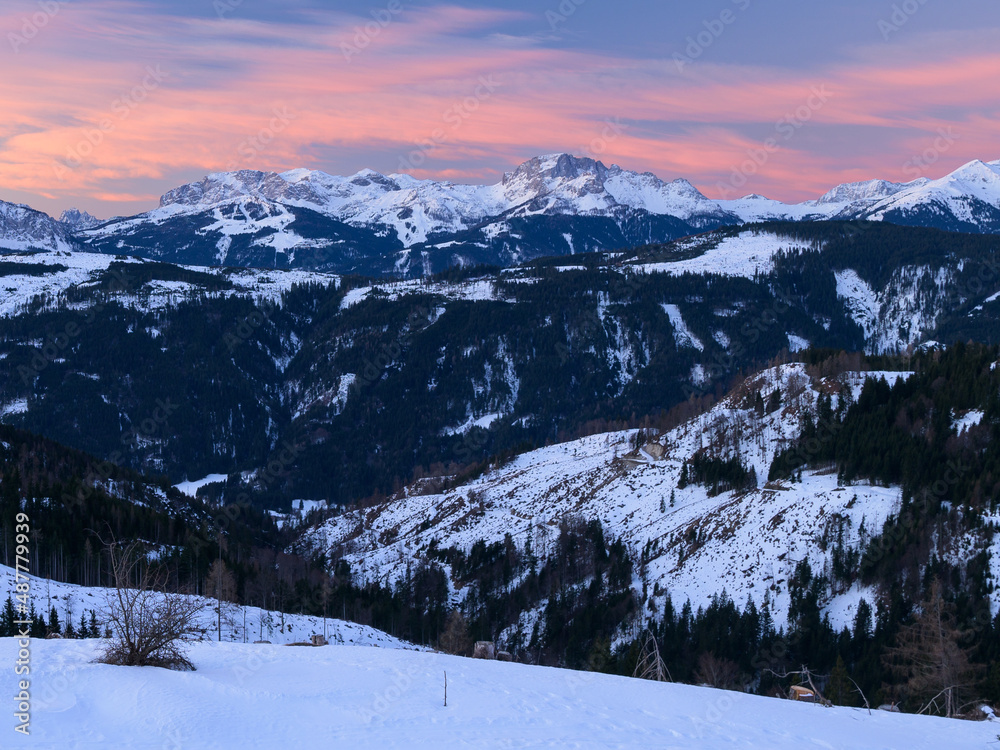 Sunrise in the Austrian alps in winter