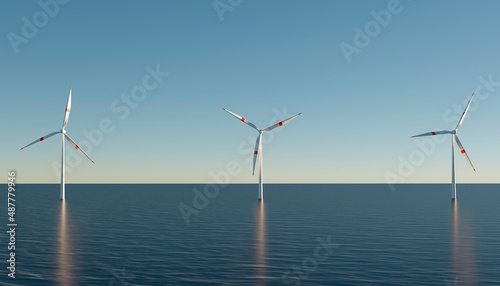 Row of floating wind turbines during hazy day. 3d illustration photo
