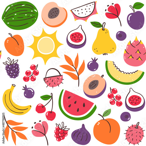 Fototapeta Naklejka Na Ścianę i Meble -  Colorful summer seasonal fruits seamless pattern. Isolated fruits on white background. Vector illustration.