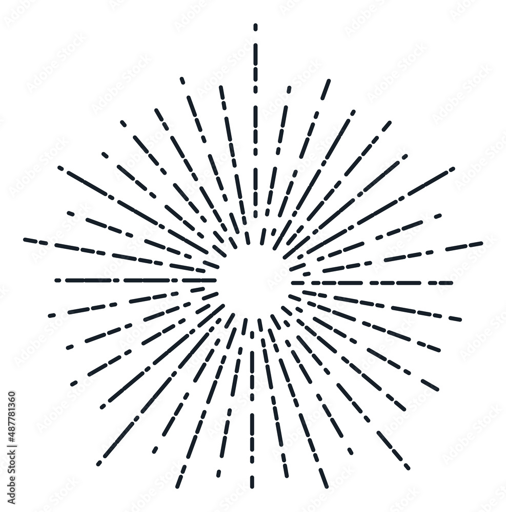Sunbirst symbol. Light rays in thin dashed line style Sunbirst symbol. Light rays in thin dashed line style