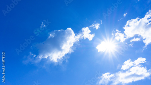 Panorama background material of refreshing blue sky and flare of clouds and sun_09