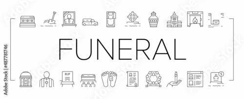 Fotografia Funeral Burial Service Collection Icons Set Vector .