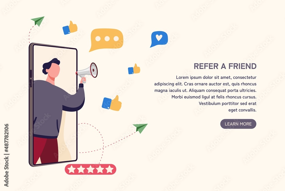 in phone man speaks into a megaphone, referral marketing concept, refer a friend loyalty program, online promotion method, flat vector illustration, website template in phone man speaks into a megaphone, referral marketing concept, refer a friend loyalty program, online promotion method, flat vector illustration, website template