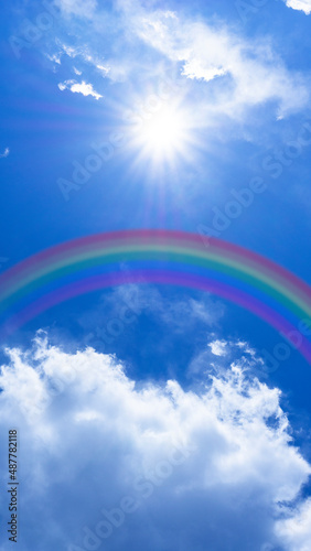 Panorama background of rainbow-covered blue sky and sun_03