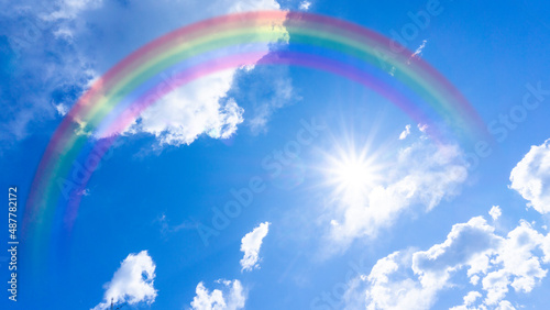 Panorama background of rainbow-covered blue sky and sun_07