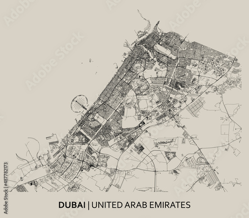Dubai (United Arab Emirates) street map outline for poster. High printable detail travel map vector.
