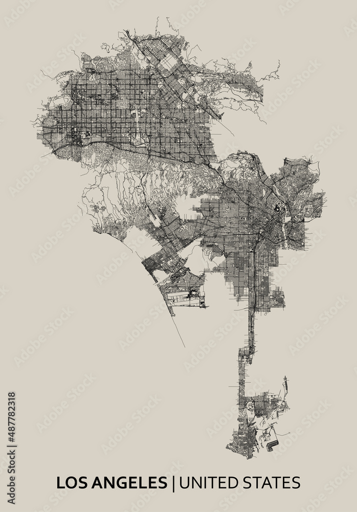 Los Angeles (California) street map outline for poster. High printable detail travel map vector ...