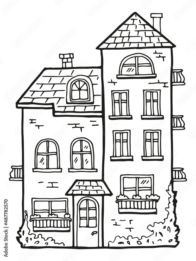 Cute house facade with tiled roof and chimney doodle Cute house facade with tiled roof and chimney doodle
