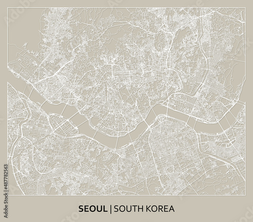 Seoul (South Korea) street map outline for poster, paper cutting. High printable detail travel map vector.