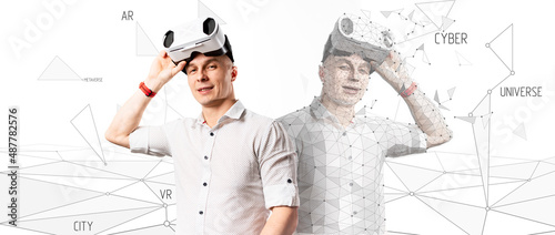 A man in a helmet in virtual reality goes into the metaverse and turns into a digital copy. Metaverse.  photo